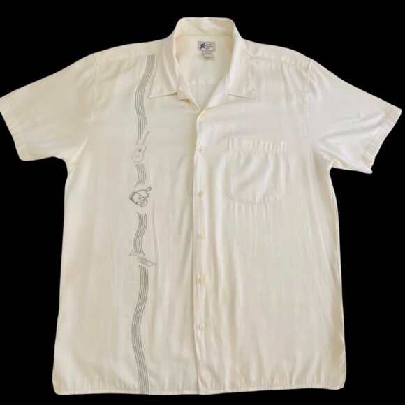 Vintage Cherokee Waikiki Wear Men's L Tan Rayon Camp Shirt Guitar Embroidery - Picture 1 of 13